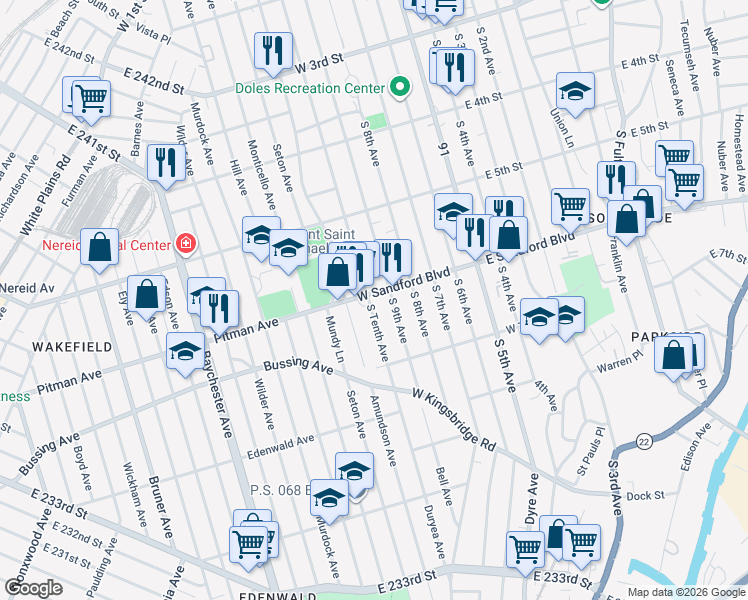 map of restaurants, bars, coffee shops, grocery stores, and more near 523 South Tenth Avenue in Mount Vernon