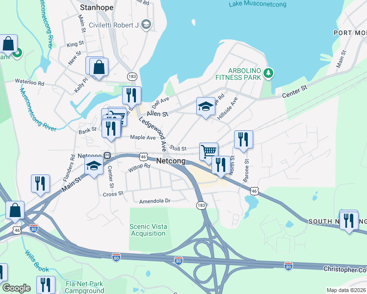map of restaurants, bars, coffee shops, grocery stores, and more near 111 Ledgewood Avenue in Netcong