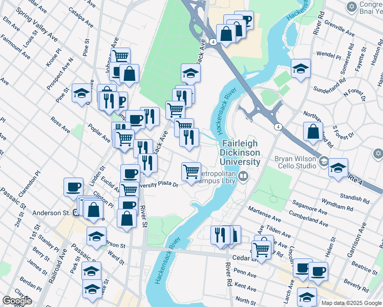map of restaurants, bars, coffee shops, grocery stores, and more near in Hackensack