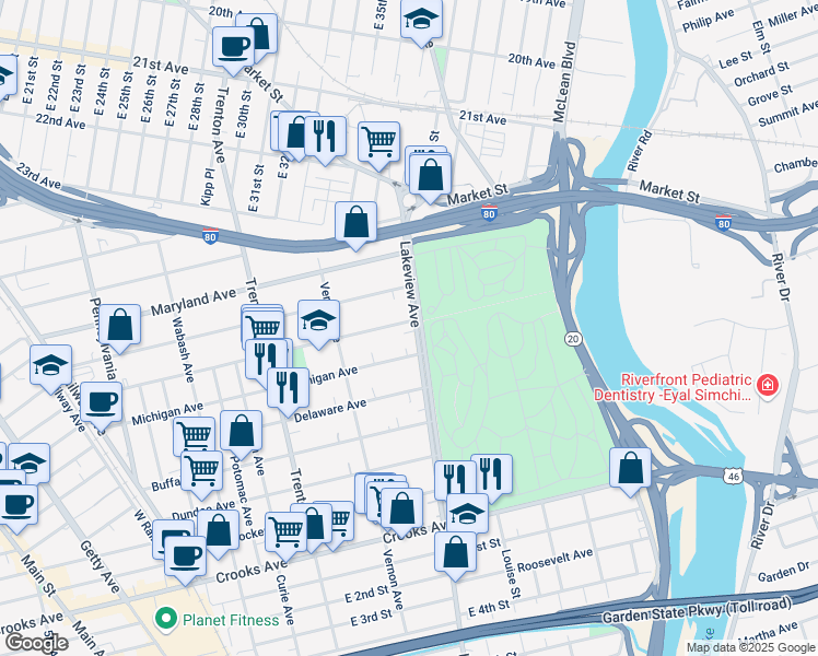 map of restaurants, bars, coffee shops, grocery stores, and more near 112 Lakeview Avenue in Paterson