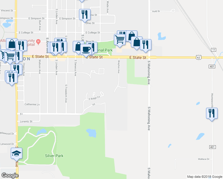 map of restaurants, bars, coffee shops, grocery stores, and more near 2305 Brayton Avenue in Alliance