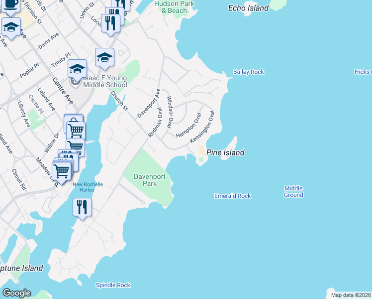 map of restaurants, bars, coffee shops, grocery stores, and more near 65 Kensington Oval in New Rochelle