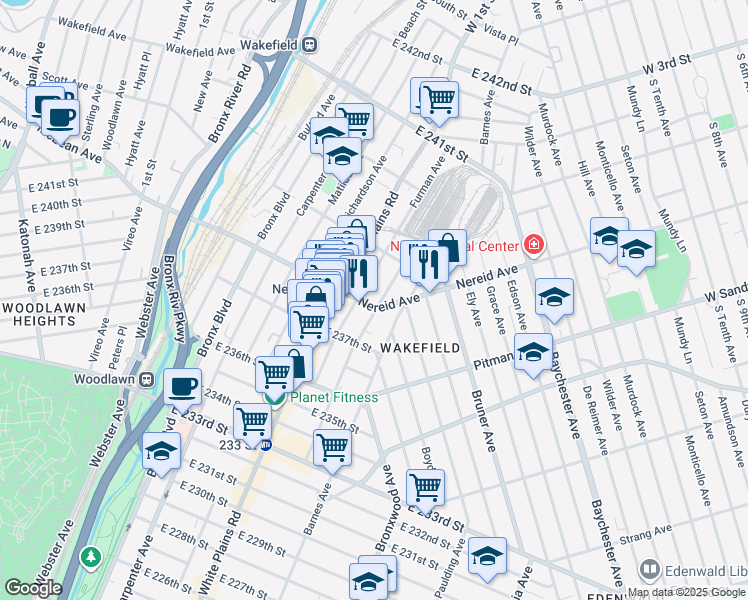 map of restaurants, bars, coffee shops, grocery stores, and more near 4392 Byron Avenue in Bronx