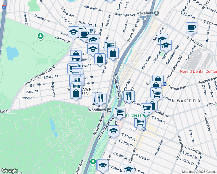 map of restaurants, bars, coffee shops, grocery stores, and more near 549 East 234th Street in Bronx