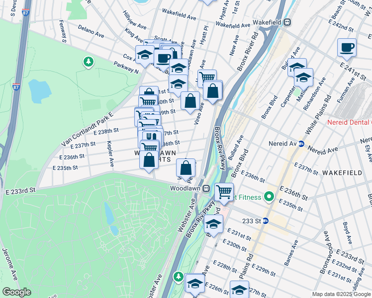 map of restaurants, bars, coffee shops, grocery stores, and more near 4255 Vireo Avenue in Bronx