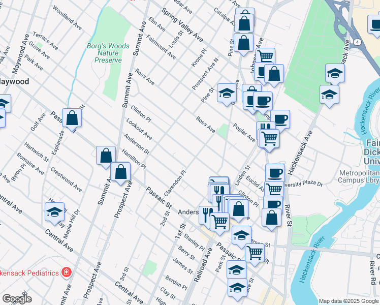 map of restaurants, bars, coffee shops, grocery stores, and more near 100 Clarendon Place in Hackensack