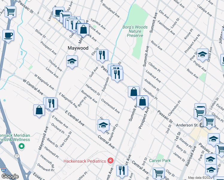 map of restaurants, bars, coffee shops, grocery stores, and more near 458 Colonial Terrace in Hackensack
