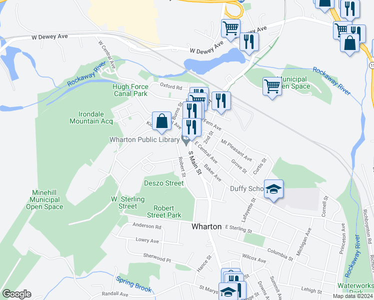 map of restaurants, bars, coffee shops, grocery stores, and more near 40 South Main Street in Wharton