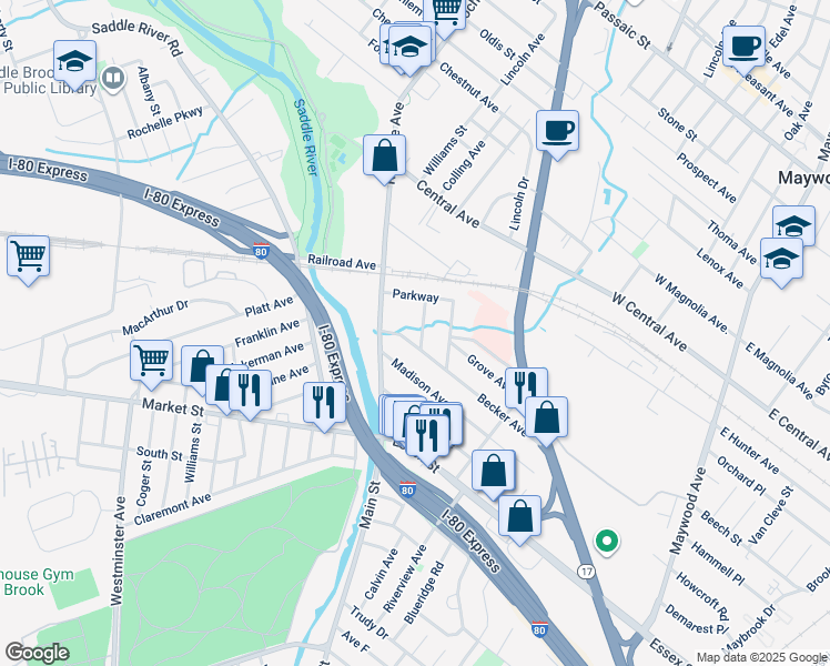 map of restaurants, bars, coffee shops, grocery stores, and more near 11 Saint Ann Place in Rochelle Park