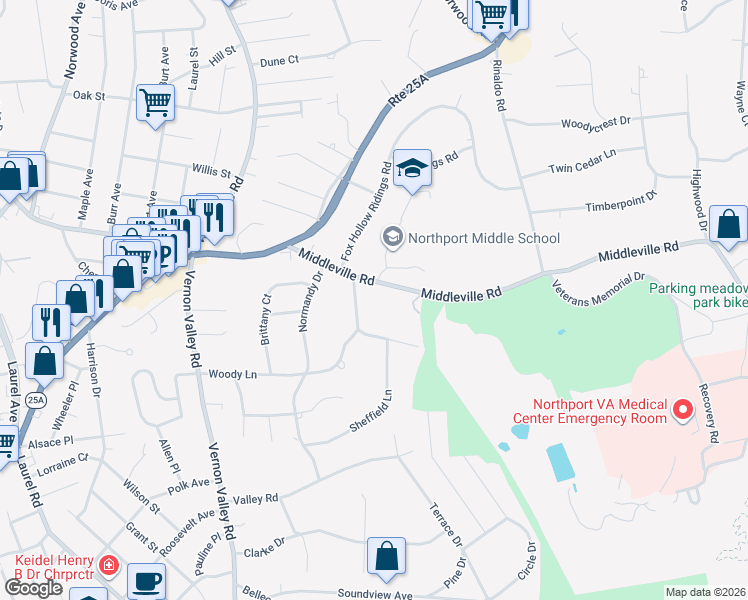 map of restaurants, bars, coffee shops, grocery stores, and more near 15 Rowley Drive in Northport
