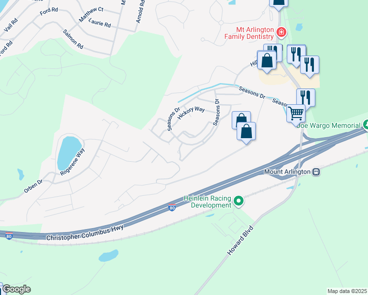 map of restaurants, bars, coffee shops, grocery stores, and more near 136 Crestview Lane in Mount Arlington