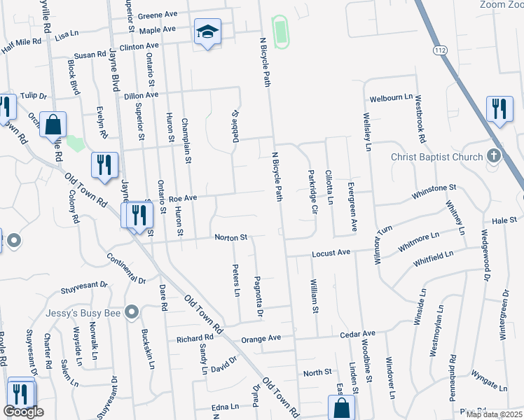 map of restaurants, bars, coffee shops, grocery stores, and more near 11 Edith Court in Port Jefferson Station