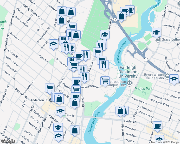map of restaurants, bars, coffee shops, grocery stores, and more near 15 Dyatt Place in Hackensack