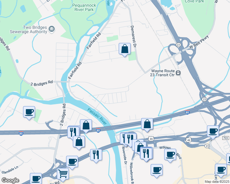 map of restaurants, bars, coffee shops, grocery stores, and more near 15 4th Street in Wayne
