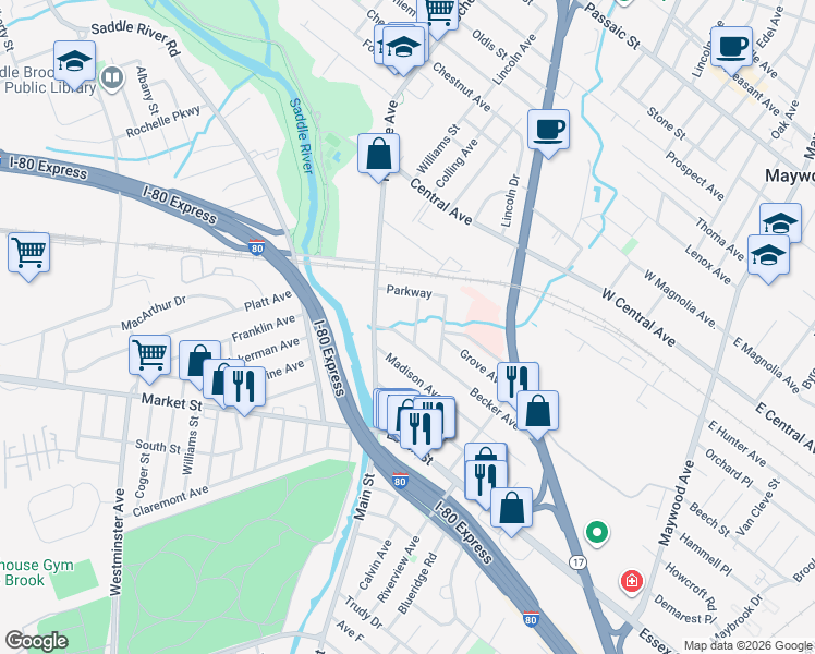 map of restaurants, bars, coffee shops, grocery stores, and more near 11 Saint Ann Place in Rochelle Park