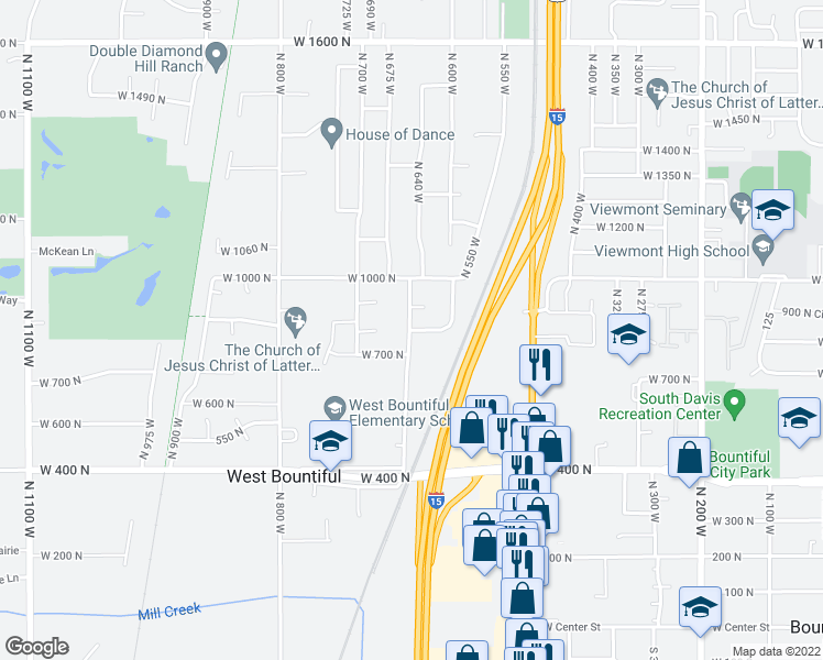map of restaurants, bars, coffee shops, grocery stores, and more near 1084 West 800 North in West Bountiful