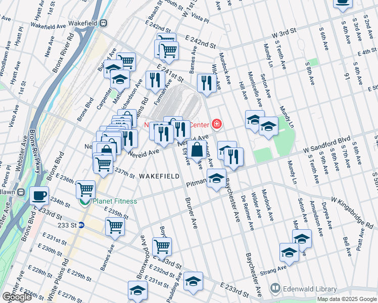 map of restaurants, bars, coffee shops, grocery stores, and more near 4346 Ely Avenue in Bronx