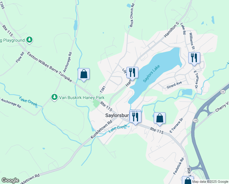 map of restaurants, bars, coffee shops, grocery stores, and more near 113 Harley Road in Saylorsburg