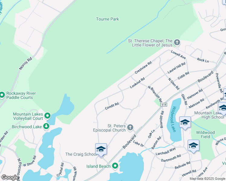 map of restaurants, bars, coffee shops, grocery stores, and more near 119 Lookout Road in Mountain Lakes