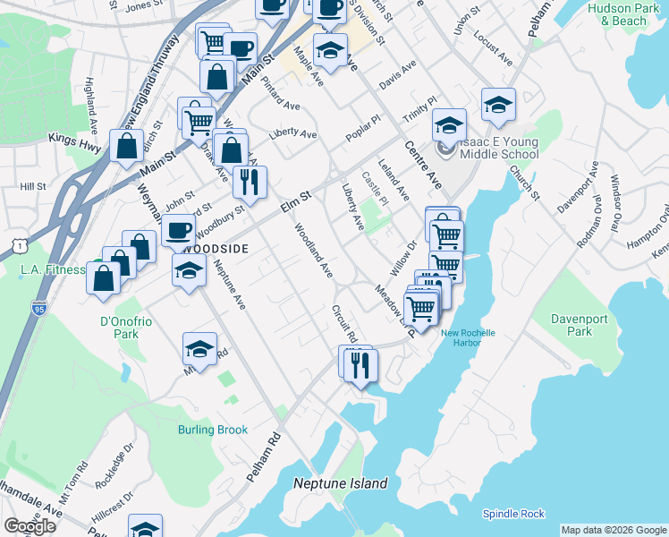 map of restaurants, bars, coffee shops, grocery stores, and more near 217 Woodland Avenue in New Rochelle
