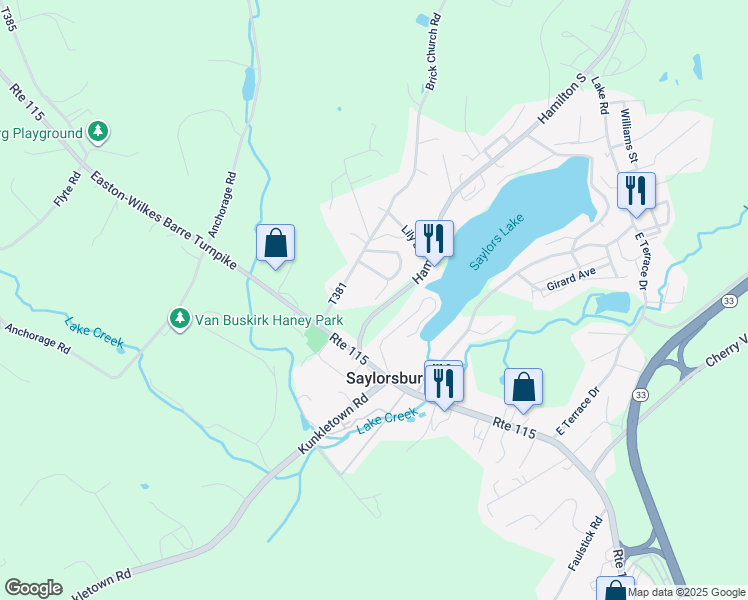 map of restaurants, bars, coffee shops, grocery stores, and more near 113 Harley Road in Saylorsburg