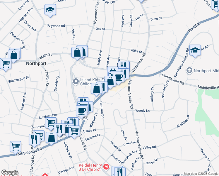 map of restaurants, bars, coffee shops, grocery stores, and more near 19 Kathy Court in Northport