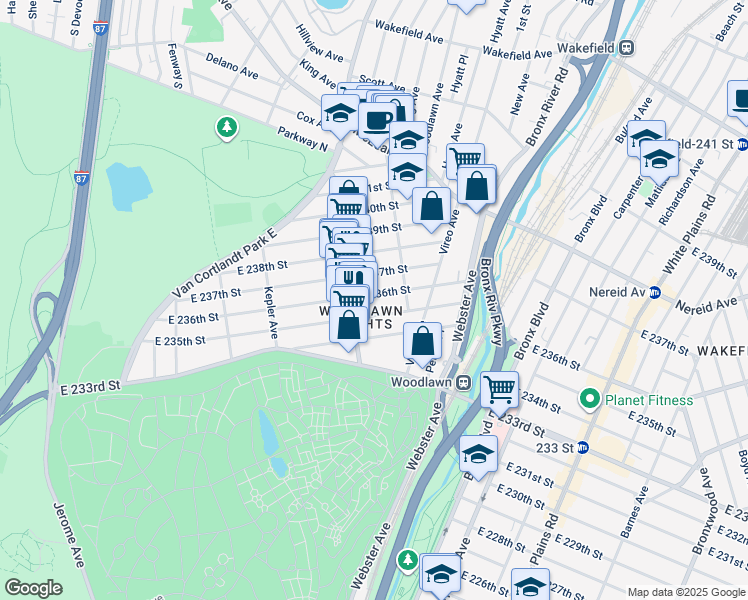 map of restaurants, bars, coffee shops, grocery stores, and more near 328 East 235th Street in Bronx