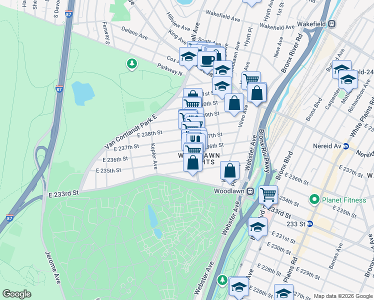 map of restaurants, bars, coffee shops, grocery stores, and more near in The Bronx