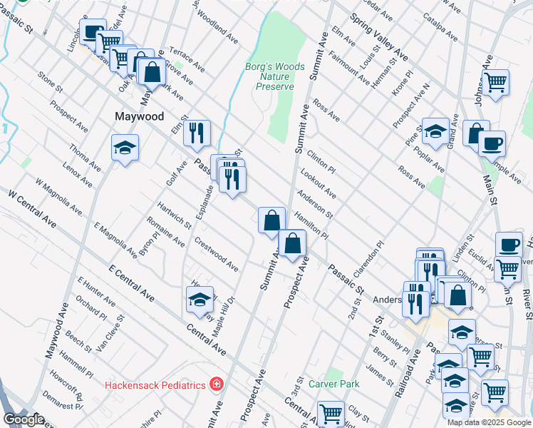 map of restaurants, bars, coffee shops, grocery stores, and more near 409 Summit Avenue in Hackensack