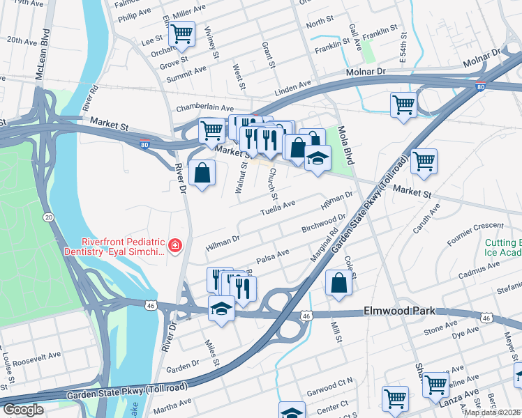 map of restaurants, bars, coffee shops, grocery stores, and more near 109 Hillman Drive in Elmwood Park