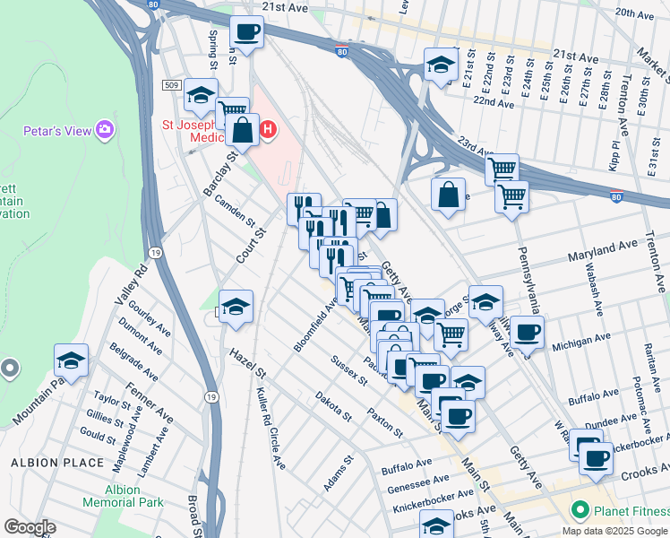 map of restaurants, bars, coffee shops, grocery stores, and more near 862 Main Street in Paterson