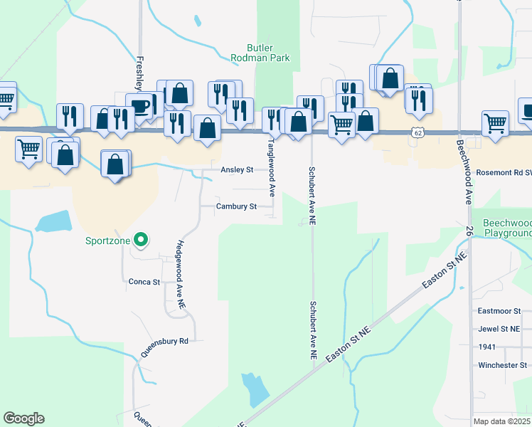 map of restaurants, bars, coffee shops, grocery stores, and more near 8733 Schubert Avenue Northeast in Alliance