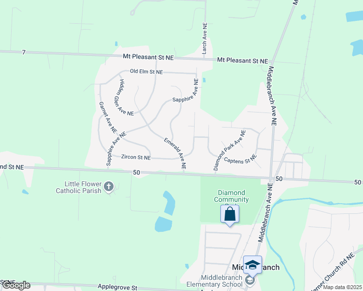 map of restaurants, bars, coffee shops, grocery stores, and more near 2383 Zircon Street Northeast in Canton