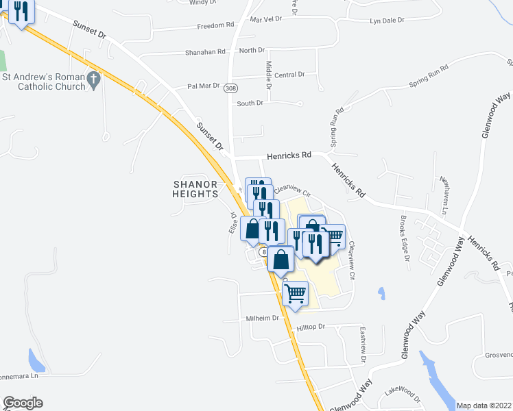 map of restaurants, bars, coffee shops, grocery stores, and more near 138 Clearview Circle in Butler