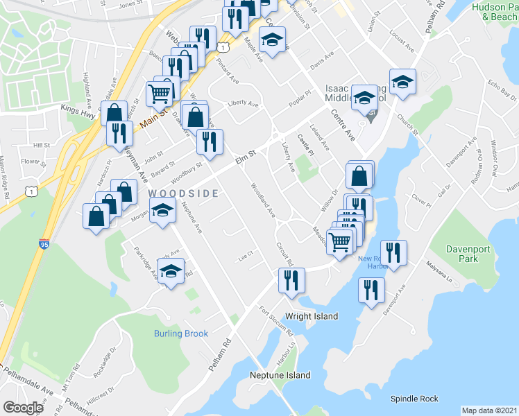 map of restaurants, bars, coffee shops, grocery stores, and more near 217 Woodland Avenue in New Rochelle