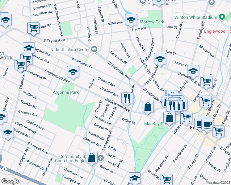 map of restaurants, bars, coffee shops, grocery stores, and more near 283 West Englewood Avenue in Englewood