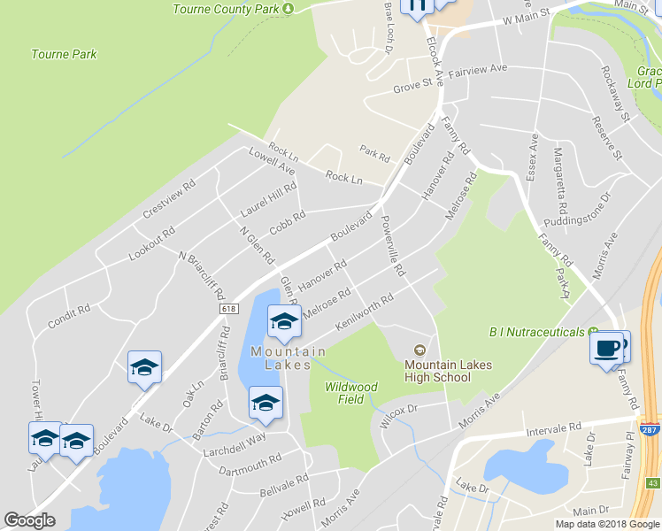 map of restaurants, bars, coffee shops, grocery stores, and more near 105 Hanover Road in Mountain Lakes