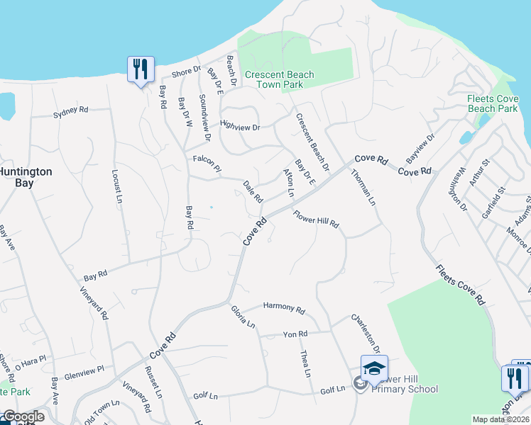 map of restaurants, bars, coffee shops, grocery stores, and more near 73 Cove Road in Huntington