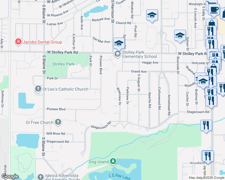map of restaurants, bars, coffee shops, grocery stores, and more near 1704 Allegheny Circle in Grand Island