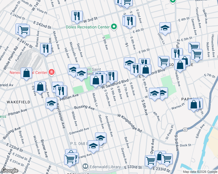 map of restaurants, bars, coffee shops, grocery stores, and more near 523 South Tenth Avenue in Mount Vernon