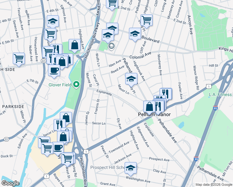 map of restaurants, bars, coffee shops, grocery stores, and more near 631 Esplanade in Pelham Manor