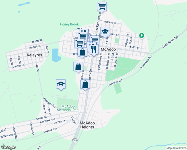 map of restaurants, bars, coffee shops, grocery stores, and more near 319 South Kennedy Drive in McAdoo