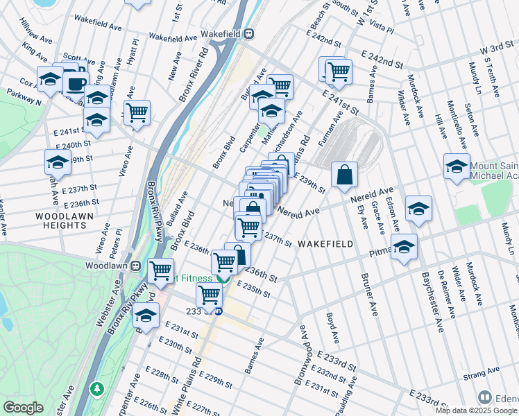 map of restaurants, bars, coffee shops, grocery stores, and more near 665 East 238th Street in Bronx