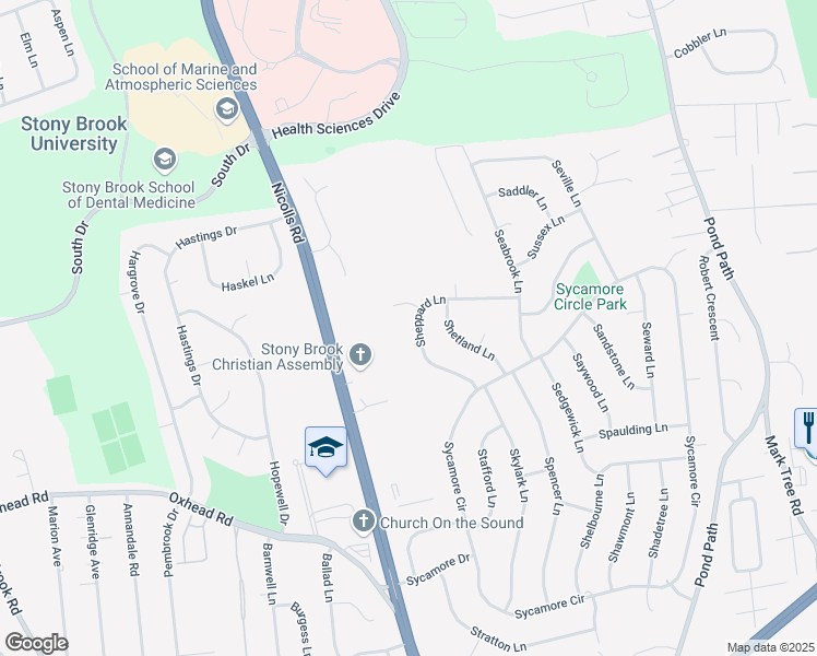 map of restaurants, bars, coffee shops, grocery stores, and more near 24 Sheppard Lane in Stony Brook