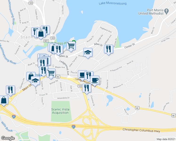 map of restaurants, bars, coffee shops, grocery stores, and more near 47 Stoll Street in Netcong