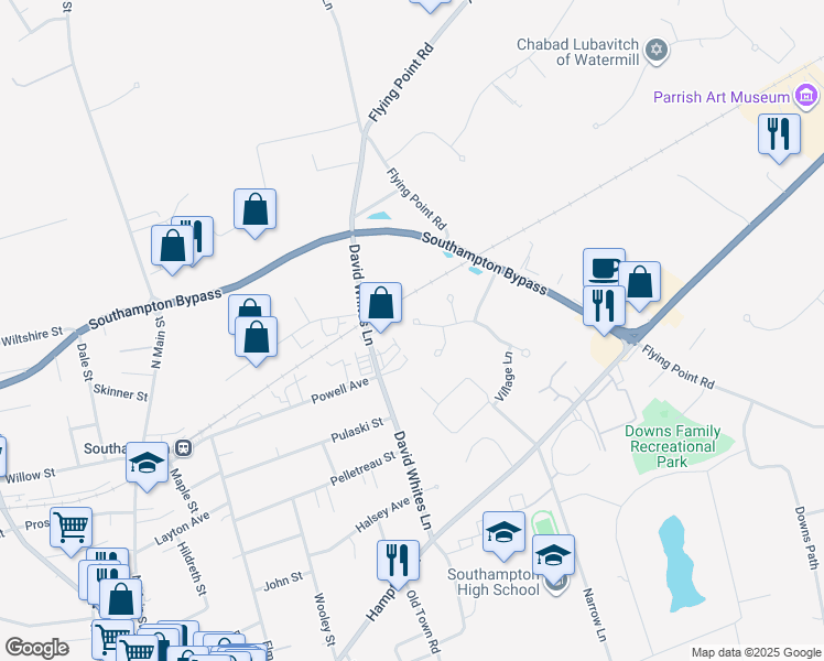 map of restaurants, bars, coffee shops, grocery stores, and more near 21 Meadowgrass Lane in Southampton