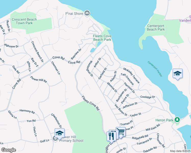 map of restaurants, bars, coffee shops, grocery stores, and more near 1026 Harrison Drive in Centerport