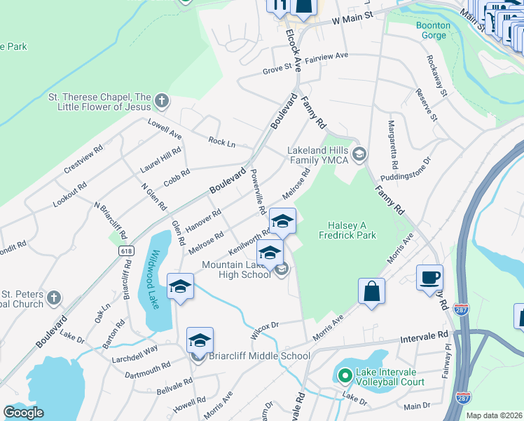 map of restaurants, bars, coffee shops, grocery stores, and more near 63 Melrose Road in Mountain Lakes