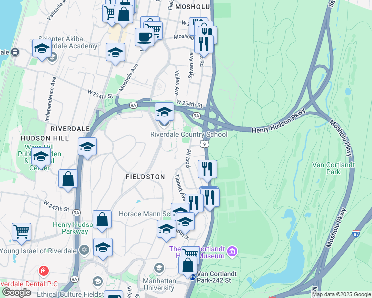 map of restaurants, bars, coffee shops, grocery stores, and more near 5250 Fieldston Road in The Bronx