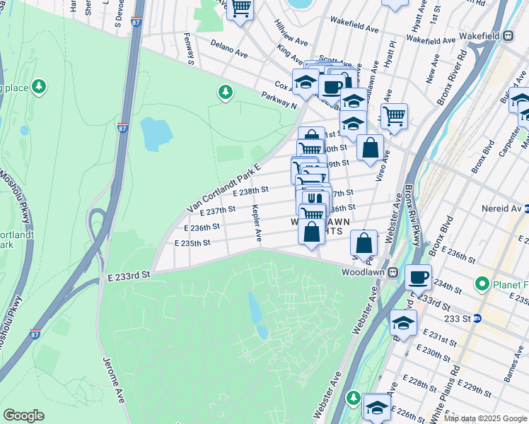 map of restaurants, bars, coffee shops, grocery stores, and more near 210 East 238th Street in The Bronx